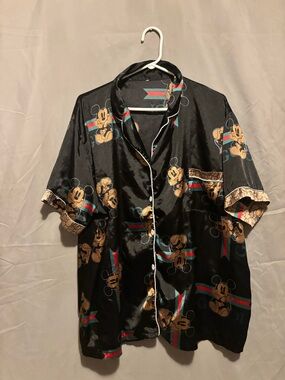 Black Satin Short-Sleeve Shirt with Character Print